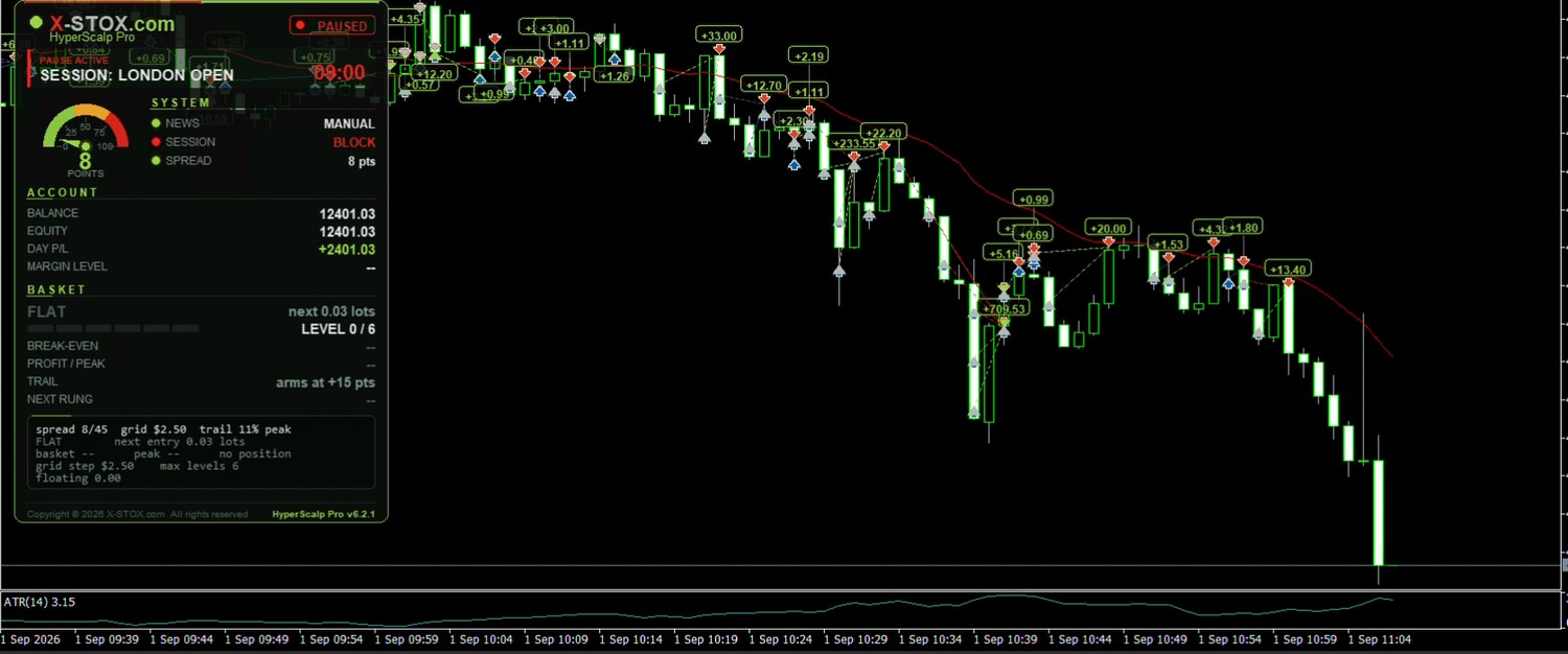 MetaTrader 5 Strategy Tester visualisation showing HyperScalp Pro paused for a session window