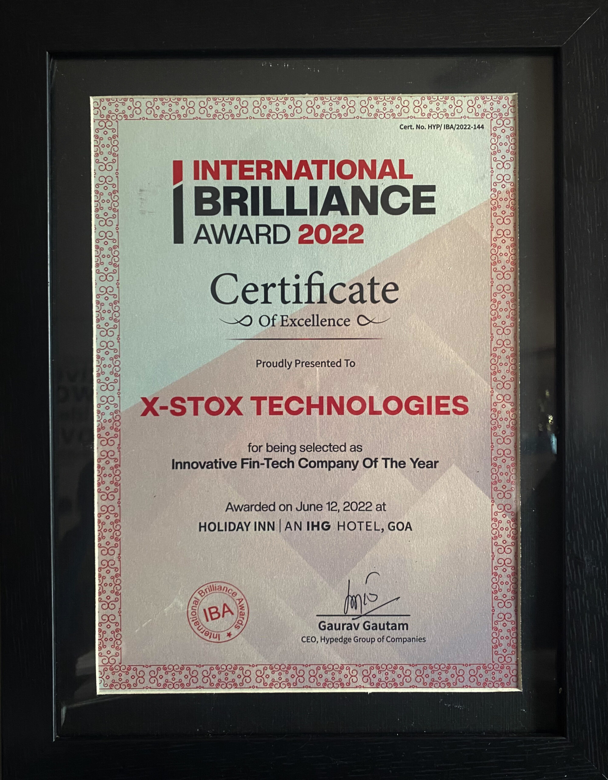 X-STOX achieved an “Innovative Fin-Tech Company of the Year” award at International Brilliance Award 2022, Goa; for there Research & Development in AI Software Solutions for Global Stock Market Industry.