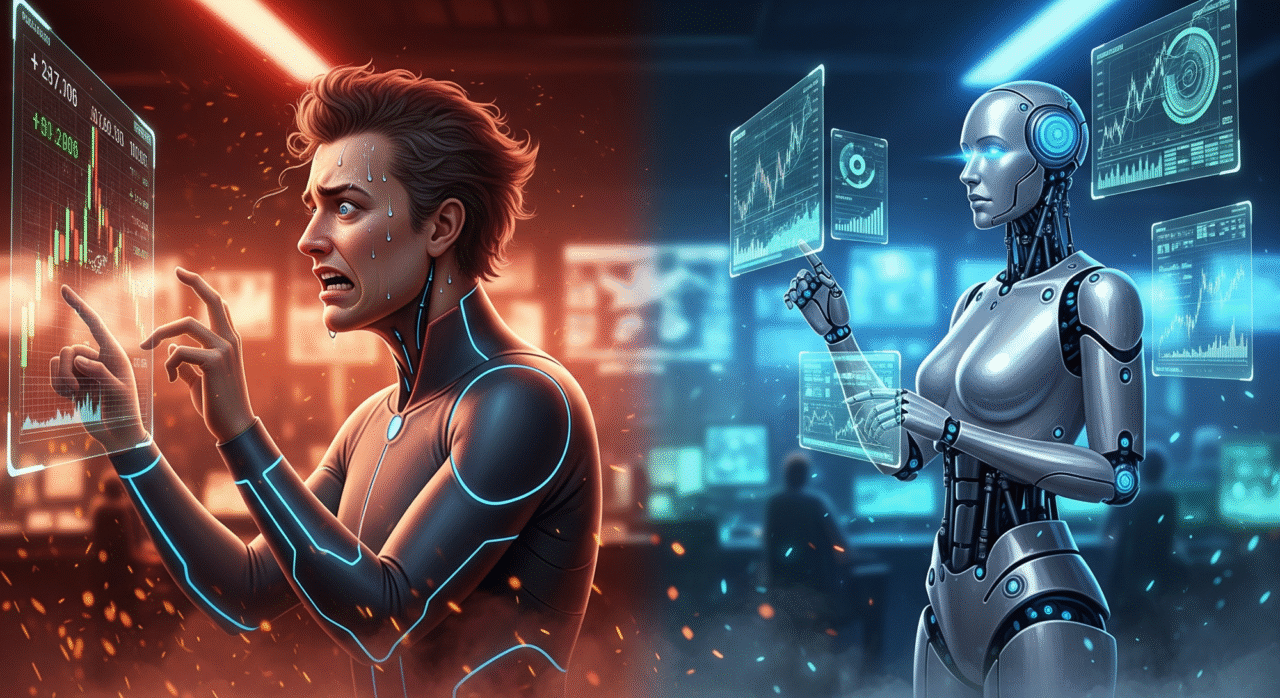 AI trading vs emotional trading – how artificial intelligence removes emotions from stock market decisions.