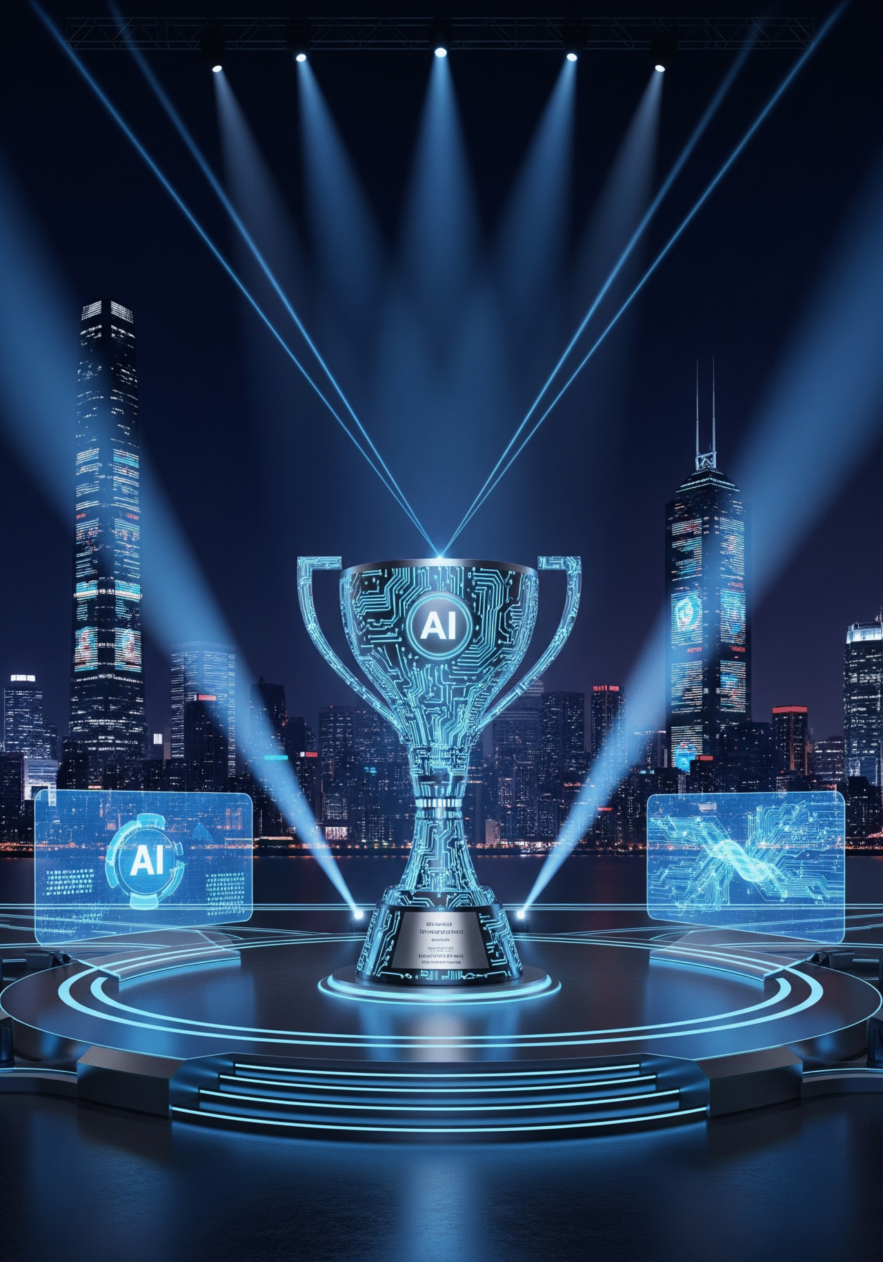Futuristic AI trophy representing X-STOX excellence in technology and trading innovation.