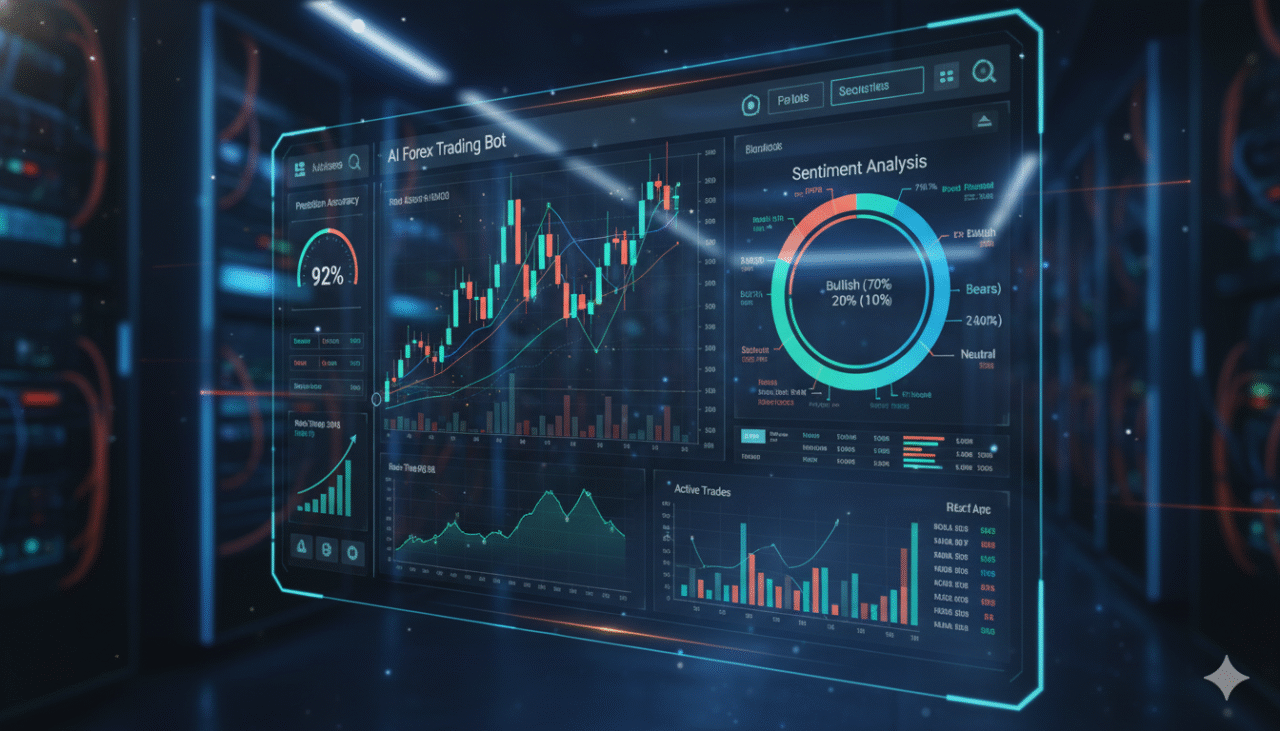 AI forex bot dashboard with predictive analytics and market sentiment graphs”