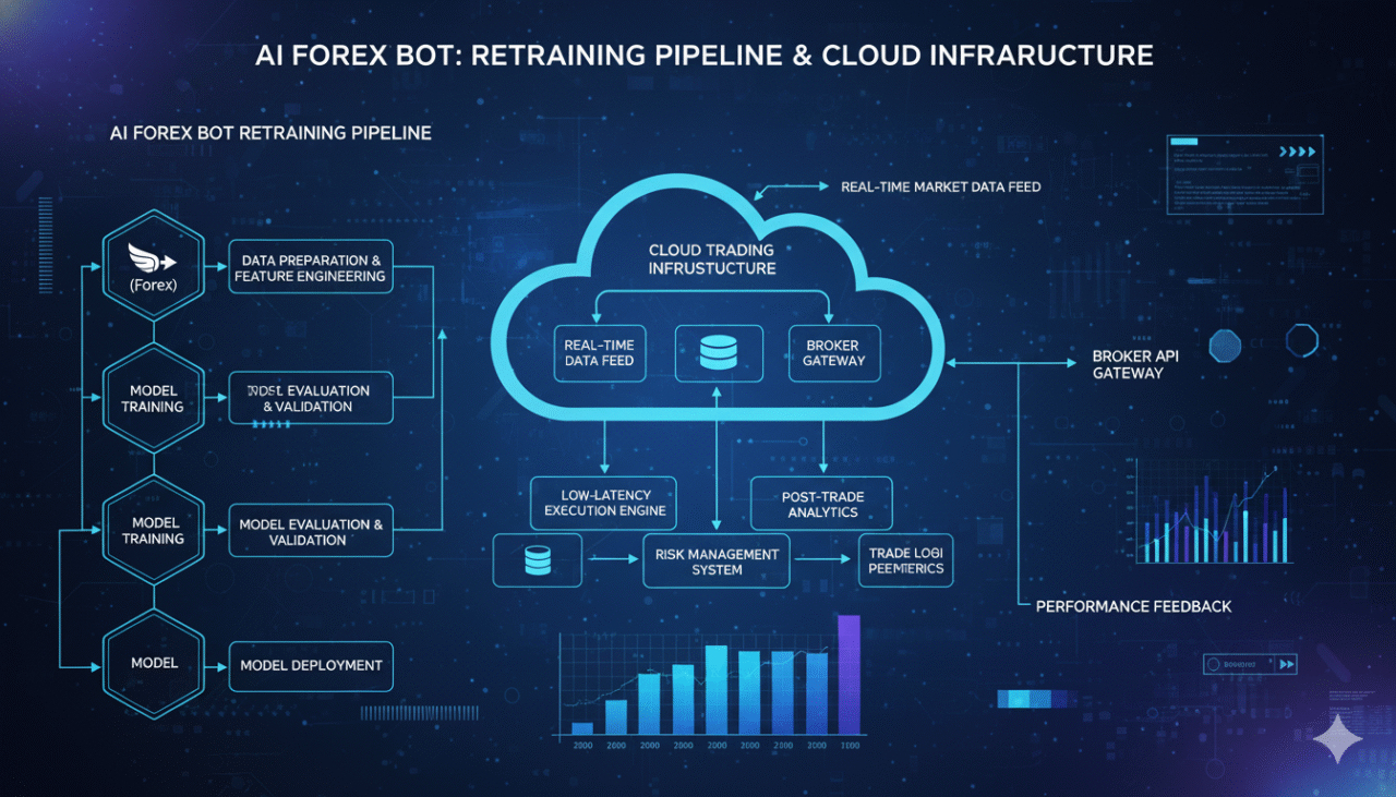 Diagram of AI model retraining and cloud-based forex order execution systems