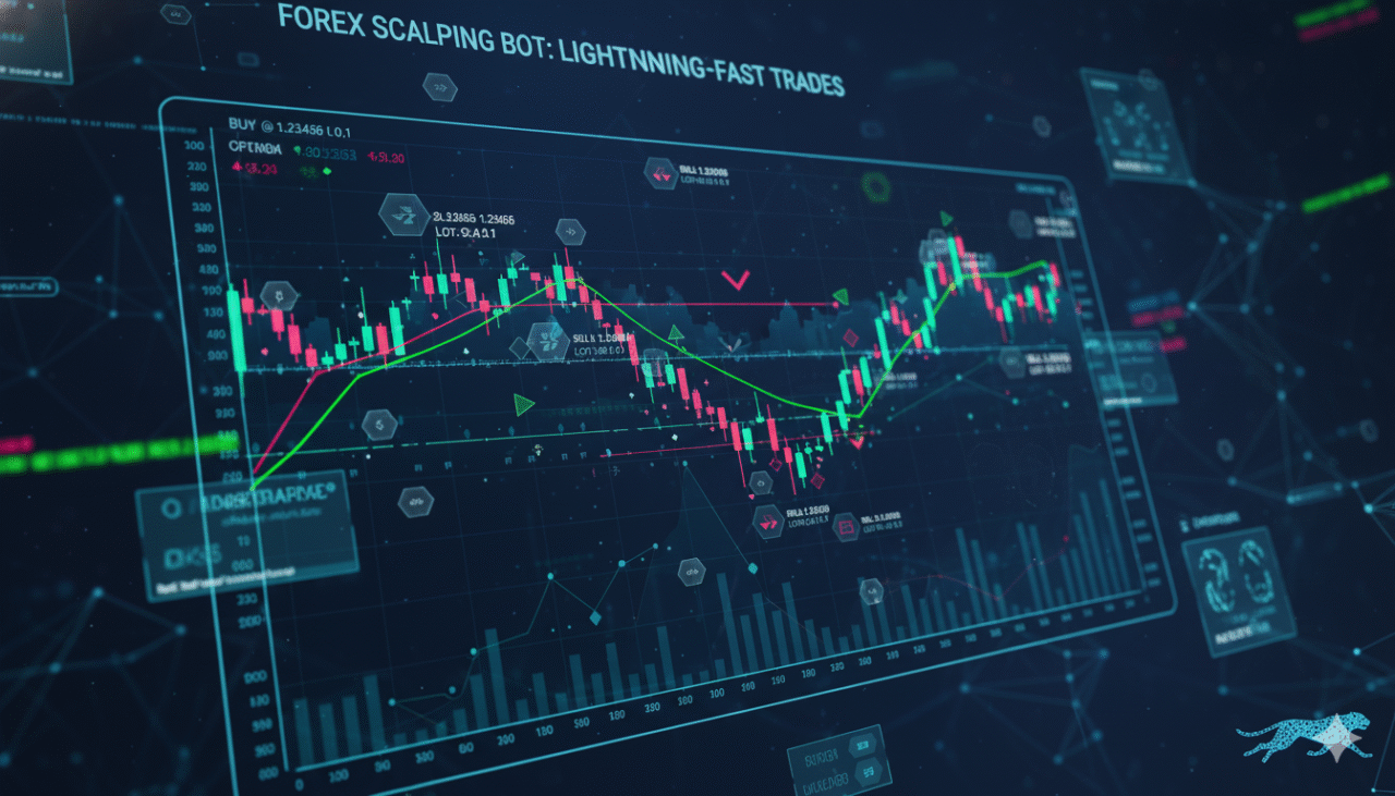 “Modern forex trading desk with AI analytics on screens.”